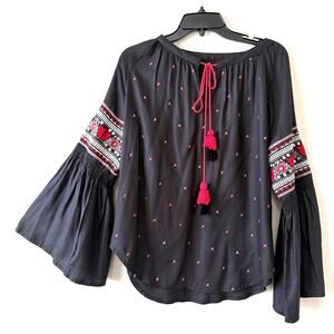 Black Motif Embroidered Peasant Blouse Top Bell Sleeves Womens Medium Gypsy Boho